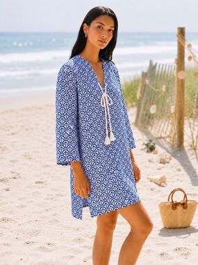 Sigrid Olsen Blue White Linen Coastal Print Tassel Tunic Dress XL NWT